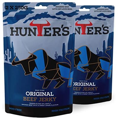 Hunters Biltong Hunters Original Beef Jerky, 500g Pack of 2 x 250g Lightly Smoked Beef Jerky, High Protein, MSG Free, Tender slices of Beef infused with rich Umami flavours Hunters Biltong Hunters Original Beef Jerky, 500g Pack of 2 x 250g Lightly Smoked Beef Jerky, High Protein, MSG Free, Tender slices of Beef infused with rich Umami flavours