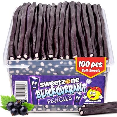 Sweetzone Blackcurrant Pencils Tub 100pcs Halal Halal blackcurrant pencil sweets, chewy candy sticks with fondant, bulk retro tub, pick and mix party sweets for sharing Sweetzone Blackcurrant Pencils Tub 100pcs Halal Halal blackcurrant pencil sweets, chewy candy sticks with fondant, bulk retro tub, pick and mix party sweets for sharing