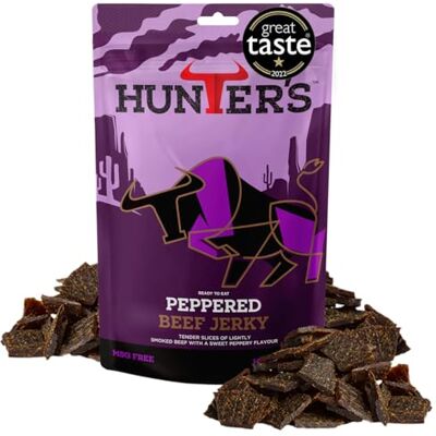Hunters Biltong Hunters Peppered Beef Jerky, 250g pack Lightly Smoked Jerky, High Protein, MSG Free, Tender slices of Beef infused with freshly crushed peppercorns that warm the palate Hunters Biltong Hunters Peppered Beef Jerky, 250g pack Lightly Smoked Jerky, High Protein, MSG Free, Tender slices of Beef infused with freshly crushed peppercorns that warm the palate