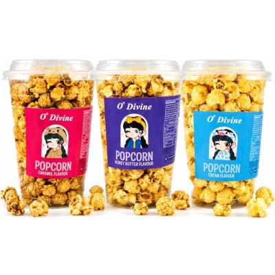 O' Divine Flavoured Popcorn Variety Pack 3 x 128g Caramel, Honey Butter & Cream Flavours Ready to Eat Sweet Popcorn Snack Selection Movie Night Sharing Tub Multipack O' Divine Flavoured Popcorn Variety Pack 3 x 128g Caramel, Honey Butter & Cream Flavours Ready to Eat Sweet Popcorn Snack Selection Movie Night Sharing Tub Multipack