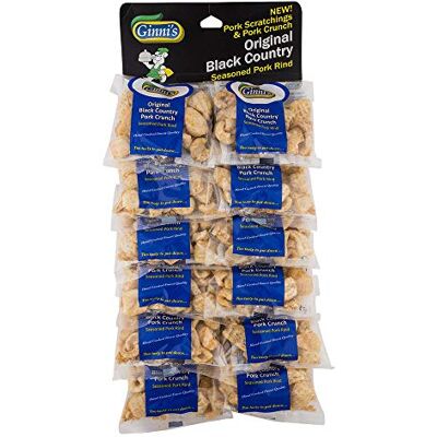 Ginni's Ginnis Famous Pork Crunch Hanging Pub Bag Pack of 12 x 25 grams Original Black Country Seasoned Pork Rind High Protein Low Carb Snack Ideal for Pubs, Bars or at Home Ginni's Ginnis Famous Pork Crunch Hanging Pub Bag Pack of 12 x 25 grams Original Black Country Seasoned Pork Rind High Protein Low Carb Snack Ideal for Pubs, Bars or at Home