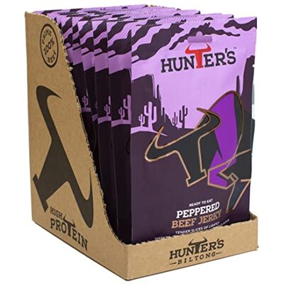 Hunters Biltong Hunters Peppered Beef Jerky, 28g Pack of 10 Lightly Smoked Jerky, High Protein, MSG Free, Tender slices of Beef infused with freshly crushed peppercorns that warm the palate Hunters Biltong Hunters Peppered Beef Jerky, 28g Pack of 10 Lightly Smoked Jerky, High Protein, MSG Free, Tender slices of Beef infused with freshly crushed peppercorns that warm the palate