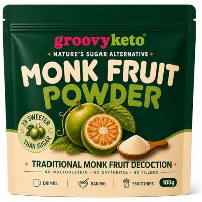Groovy Keto Monk Fruit Sweetener Powder by , No Erythritol, No Maltodextrin, Natural Sugar Substitute, Real Decoction, 3x Sweeter Than Sugar, 100g Groovy Keto Monk Fruit Sweetener Powder by , No Erythritol, No Maltodextrin, Natural Sugar Substitute, Real Decoction, 3x Sweeter Than Sugar, 100g