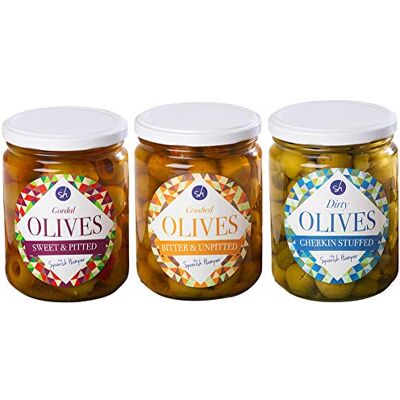 The Spanish Hamper Spanish Mixed Olives, Variety Pack Set of 3 Jars Gordal, Crushed, Dirty Flavoured with Herbs and Spices 3 x 665g Each Jar The Spanish Hamper Spanish Mixed Olives, Variety Pack Set of 3 Jars Gordal, Crushed, Dirty Flavoured with Herbs and Spices 3 x 665g Each Jar