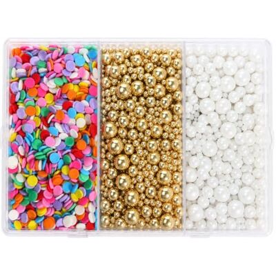 Perlizo Edible Pearl Sprinkles Triple White Gold 165g/5.8oz (Conffetti White Gold) Mixed-size white and gold edible pearls with colorful sprinkles in a 3-section box for cakes, cupcakes, cookies and desserts. Perlizo Edible Pearl Sprinkles Triple White Gold 165g/5.8oz (Conffetti White Gold) Mixed-size white and gold edible pearls with colorful sprinkles in a 3-section box for cakes, cupcakes, cookies and desserts.