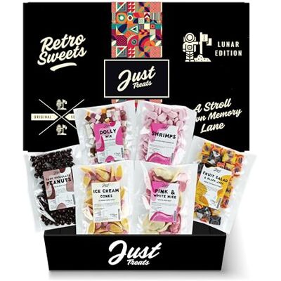 Just Treats Lunar Sweet Six Choc Hamper Dark Chocolate Peanuts, Dolly Mixture, Candy Foam Shrimps, Fruit Salad & Black Jack Chews, Ice Cream Cones and Pink and White Mice (6,7,11,13,15,23) Just Treats Lunar Sweet Six Choc Hamper Dark Chocolate Peanuts, Dolly Mixture, Candy Foam Shrimps, Fruit Salad & Black Jack Chews, Ice Cream Cones and Pink and White Mice (6,7,11,13,15,23)