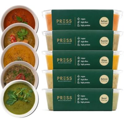 PRSS 100% COLD PRESSED PRESS Healthfoods Protein Soup Bundle 5 x 375g High Protein Vegan Soup Variety Pack Protein Meals & Meal Replacement Soup High Fibre Fresh Soups Healthy Plant-Based Vegan Ready Meal PRSS 100% COLD PRESSED PRESS Healthfoods Protein Soup Bundle 5 x 375g High Protein Vegan Soup Variety Pack Protein Meals & Meal Replacement Soup High Fibre Fresh Soups Healthy Plant-Based Vegan Ready Meal