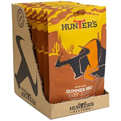 Hunters Biltong Hunters Summer BBQ Beef Jerky, 28g Pack of 10 Lightly Smoked Beef Jerky, High Protein, MSG Free, Tender slices of Beef infused with flavours of a summer BBQ Savour the flavour Hunters Biltong Hunters Summer BBQ Beef Jerky, 28g Pack of 10 Lightly Smoked Beef Jerky, High Protein, MSG Free, Tender slices of Beef infused with flavours of a summer BBQ Savour the flavour