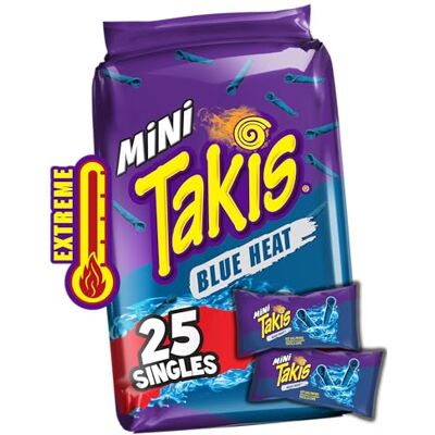 Takis Mini Rolled Tortilla Chips Multipack Blue Heat, 25 Count / 1.23 oz Bite size hot chili pepper rolled tortilla corn chips, 25 mini bags for snacking, lunchboxes, and sharing; extremely spicy Takis Mini Rolled Tortilla Chips Multipack Blue Heat, 25 Count / 1.23 oz Bite size hot chili pepper rolled tortilla corn chips, 25 mini bags for snacking, lunchboxes, and sharing; extremely spicy