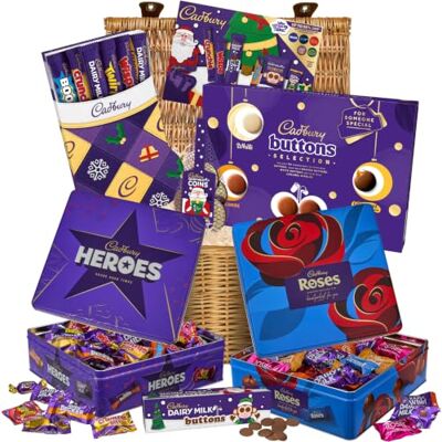 Cadbury Ultimate Christmas Chocolate Hamper Basket by Gifts Direct Including Roses, Heroes, Three Selection Boxes, Buttons Tube, and Coins bag. Great for Sharing or Festive Gifting. Cadbury Ultimate Christmas Chocolate Hamper Basket by Gifts Direct Including Roses, Heroes, Three Selection Boxes, Buttons Tube, and Coins bag. Great for Sharing or Festive Gifting.