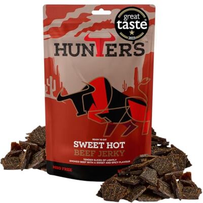 Hunters Biltong Hunters Sweet Hot Beef Jerky, 250g pack Lightly Smoked Jerky, High Protein, MSG Free, Tender slices of Beef infused with spices that warm the palate. Hunters Biltong Hunters Sweet Hot Beef Jerky, 250g pack Lightly Smoked Jerky, High Protein, MSG Free, Tender slices of Beef infused with spices that warm the palate.