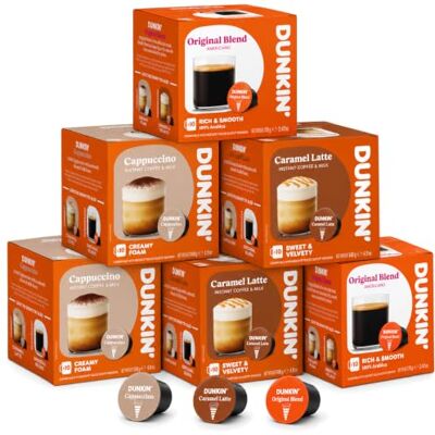 Dunkin' Donuts Dunkin’ Donuts Variety Box – 60 Coffee Capsules, 3 Varieties: Cappuccino, Caramel Latte & Original Blend, Compatible with Dolce Gusto Capsule Machines, Smooth & Aromatic Dunkin' Donuts Dunkin’ Donuts Variety Box – 60 Coffee Capsules, 3 Varieties: Cappuccino, Caramel Latte & Original Blend, Compatible with Dolce Gusto Capsule Machines, Smooth & Aromatic