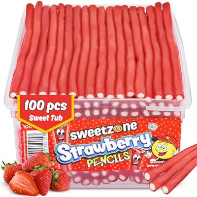 Sweetzone - Strawberry Pencils 1.1Kg - Full Tub - Candy Sweetzone - Strawberry Pencils 1.1Kg - Full Tub - Candy