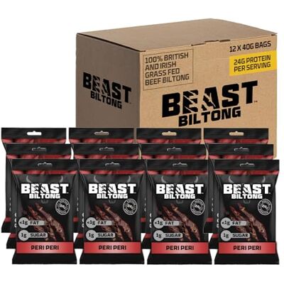 Beast Pharm Biltong High Protein Low Calorie Snacks 12 Pack Peri Peri High 24g Protein per Giant 40g Bag, 100% British / Irish Beef Biltong, Keto Snacks, Gluten Free, Low Calorie Protein Snacks Beast Pharm Biltong High Protein Low Calorie Snacks 12 Pack Peri Peri High 24g Protein per Giant 40g Bag, 100% British / Irish Beef Biltong, Keto Snacks, Gluten Free, Low Calorie Protein Snacks