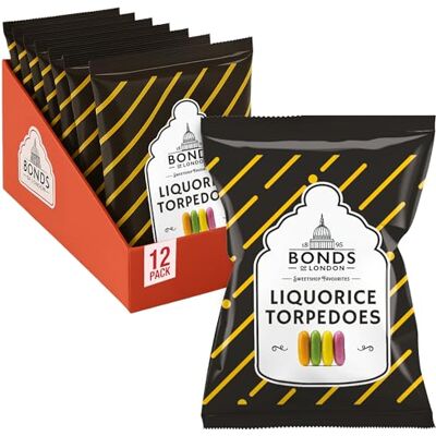 Bonds of London Liquorice Torpedoes Bags, Retro Gift Sweets, Vegetarian Friendly, 120 g (Pack of 12) Bonds of London Liquorice Torpedoes Bags, Retro Gift Sweets, Vegetarian Friendly, 120 g (Pack of 12)