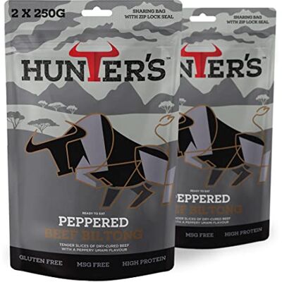 Hunters Biltong Peppered Beef Biltong, 500g Pack of 2 x 250g High Protein, low fat, Thin Tender Slices of authentic Beef Biltong, beef Jerky, Gluten & MSG Free, Convenient Snack Hunters Biltong Peppered Beef Biltong, 500g Pack of 2 x 250g High Protein, low fat, Thin Tender Slices of authentic Beef Biltong, beef Jerky, Gluten & MSG Free, Convenient Snack