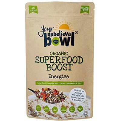 Your UnbelievaBowl Organic Superfood Boost (Energise) 600g, 40 Servings, 50p Per Serving, Gluten Free, Chia Seed, Hemp Seed, Pumpkin Seed, Cacao, Mulberry, Goji, Flaxseed, Almonds Your UnbelievaBowl Organic Superfood Boost (Energise) 600g, 40 Servings, 50p Per Serving, Gluten Free, Chia Seed, Hemp Seed, Pumpkin Seed, Cacao, Mulberry, Goji, Flaxseed, Almonds