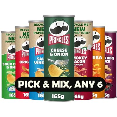 Pringles Crisps Variety Pack – Pick & Mix Any 6 Flavours – 165g Tubs – Cheese & Onion, Sour Cream & Onion, Salt & Vinegar, Original, Smokey Bacon, Paprika, Texas BBQ Sauce, Prawn Cocktail. Pringles Crisps Variety Pack – Pick & Mix Any 6 Flavours – 165g Tubs – Cheese & Onion, Sour Cream & Onion, Salt & Vinegar, Original, Smokey Bacon, Paprika, Texas BBQ Sauce, Prawn Cocktail.