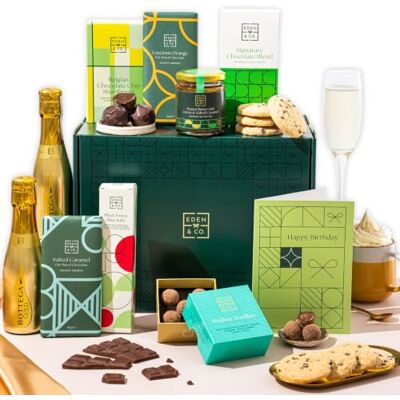 EDEN Gluten Free Hamper, Birthday, For Her, 2x Prosecco, & CO Birthday Gluten Free Hamper with Chocolate Truffles & Hot Chocolate Set. Includes 2x Bottega Prosecco. EDEN Gluten Free Hamper, Birthday, For Her, 2x Prosecco, & CO Birthday Gluten Free Hamper with Chocolate Truffles & Hot Chocolate Set. Includes 2x Bottega Prosecco.