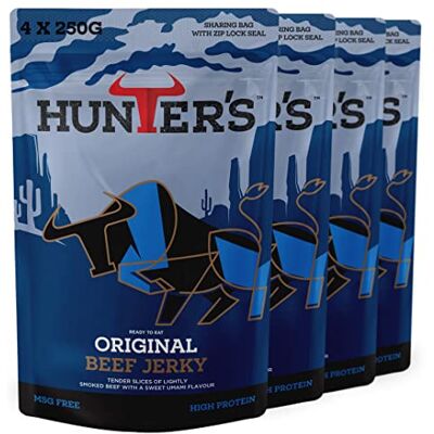 Hunters Biltong Hunters Original Beef Jerky, 1kg Pack of 4 x 250g Lightly Smoked Beef Jerky, High Protein, MSG Free, Tender slices of Beef infused with rich Umami flavours Hunters Biltong Hunters Original Beef Jerky, 1kg Pack of 4 x 250g Lightly Smoked Beef Jerky, High Protein, MSG Free, Tender slices of Beef infused with rich Umami flavours