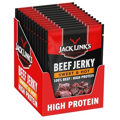 Jack Link's Jack Link’s Beef Jerky Sweet & Hot 12-Pack (12 × 40 g) Dried Meat Protein Snacks High-Protein Snack for Gym, Fitness & Outdoor American Food for People Jerky Chips Made from Beef Jack Link's Jack Link’s Beef Jerky Sweet & Hot 12-Pack (12 × 40 g) Dried Meat Protein Snacks High-Protein Snack for Gym, Fitness & Outdoor American Food for People Jerky Chips Made from Beef