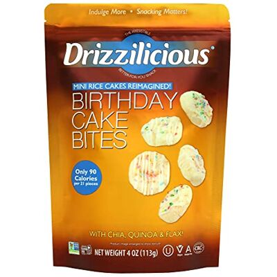 Drizzilicious Birthday Cake Mini Rice Cake Bites 113g – Vegan Snack Plant Based Snack with Quinoa, Chia & Flax – Low Fat, Gluten Free, Dairy-Free, Non-GMO, 90 Calories per 21 Pieces Drizzilicious Birthday Cake Mini Rice Cake Bites 113g – Vegan Snack Plant Based Snack with Quinoa, Chia & Flax – Low Fat, Gluten Free, Dairy-Free, Non-GMO, 90 Calories per 21 Pieces