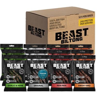 Beast Pharm Biltong High Protein Low Calorie Snacks 12 Pack Assorted Award-Winning High 24g Protein per Giant 40g Bag, 100% British / Irish Beef Biltong, Keto Snacks, Gluten Free Protein Snacks Beast Pharm Biltong High Protein Low Calorie Snacks 12 Pack Assorted Award-Winning High 24g Protein per Giant 40g Bag, 100% British / Irish Beef Biltong, Keto Snacks, Gluten Free Protein Snacks