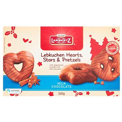 Lambertz Lebkuchen Hearts, Stars & Pretzels Milk Chocolate 500g Lambertz Lebkuchen Hearts, Stars & Pretzels Milk Chocolate 500g