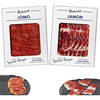 The Spanish Hamper Iberico Jamon 80g and Lomo 80g Slices Double Pack. The Spanish Hamper Iberico Jamon 80g and Lomo 80g Slices Double Pack.