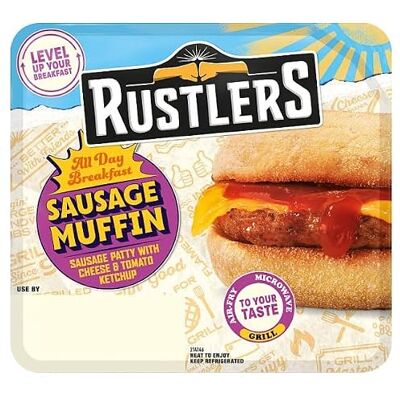 London Grocery Rustlers Sausage Muffin Sausage Patty with Cheese & Tomato Ketchup 155g Case of 4 London Grocery Rustlers Sausage Muffin Sausage Patty with Cheese & Tomato Ketchup 155g Case of 4