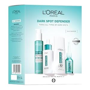 L'Oreal Paris Dark Spot Defender Giftset, 4 Step Routine Powered By Niacinamide; Bright Reveal Spot Fading Serum-in-Cleanser; Niacinamide Dark Spot Serum; SPF 50+ UV Fluid; Exfoliant Peel Treatment L'Oreal Paris Dark Spot Defender Giftset, 4 Step Routine Powered By Niacinamide; Bright Reveal Spot Fading Serum-in-Cleanser; Niacinamide Dark Spot Serum; SPF 50+ UV Fluid; Exfoliant Peel Treatment