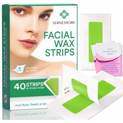 ShineMore Facial Wax Strips Facial Hair Removal For Women- 40 Wax Strips + 4 Calming Oil Wipes Gentle and Fast-Working for Face, Eyebrow, Upper Lip, Chin Fit For All Skin Types ShineMore Facial Wax Strips Facial Hair Removal For Women- 40 Wax Strips + 4 Calming Oil Wipes Gentle and Fast-Working for Face, Eyebrow, Upper Lip, Chin Fit For All Skin Types