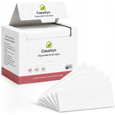 Casavyn Disposable Face Towels, Ultra Soft Facial Wipes for Women & Babies, Makeup Remover Wipes for Sensitive Skin, 100% Pure Cotton Face Cloths, Extra Large (25 × 30 cm, 60 Ct / 1 Pack) Casavyn Disposable Face Towels, Ultra Soft Facial Wipes for Women & Babies, Makeup Remover Wipes for Sensitive Skin, 100% Pure Cotton Face Cloths, Extra Large (25 × 30 cm, 60 Ct / 1 Pack)