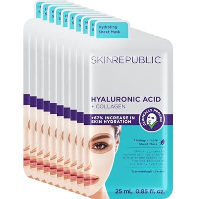 Skin Republic Hyaluronic Acid & Collagen Hydrating Face Mask Pack of 10 Helps With Fine Lines And Wrinkles For Long Lasting Hydration & Younger Looking skin Skin Republic Hyaluronic Acid & Collagen Hydrating Face Mask Pack of 10 Helps With Fine Lines And Wrinkles For Long Lasting Hydration & Younger Looking skin