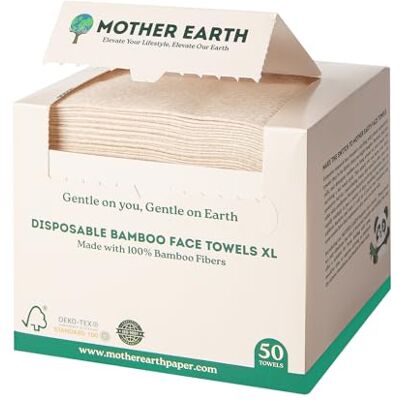 MOTHER EARTH Bamboo Face Towels XL, Disposable Face Cloths and Dry Wipes for Sensitive Skin, Extra Soft Makeup Remover Towels for Skincare, Use Dry or Damp, 50 Count MOTHER EARTH Bamboo Face Towels XL, Disposable Face Cloths and Dry Wipes for Sensitive Skin, Extra Soft Makeup Remover Towels for Skincare, Use Dry or Damp, 50 Count