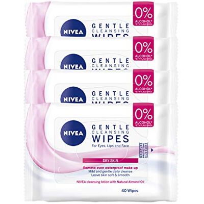 NIVEA 3 in 1 Caring Cleansing Wipes, Pack of 4 (4 x 40 wipes), Make-Up Wipes Enriched with Almond Oil, Cleansing Face Wipes NIVEA 3 in 1 Caring Cleansing Wipes, Pack of 4 (4 x 40 wipes), Make-Up Wipes Enriched with Almond Oil, Cleansing Face Wipes