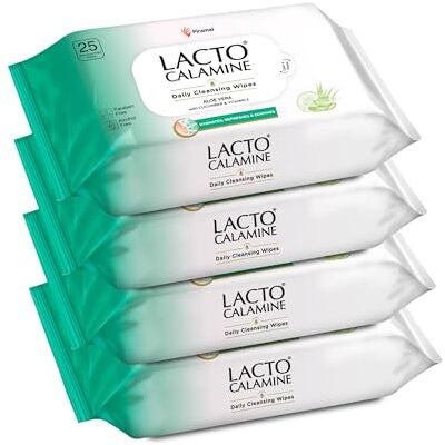 Lacto Calamine Daily Cleansing Face Wipes with Aloe Vera, Cucumber & Vitamin E, Hydrating, Refreshing, Soothing, Paraben and Alcohol Free, White, 100 Count, Pack of 4 Lacto Calamine Daily Cleansing Face Wipes with Aloe Vera, Cucumber & Vitamin E, Hydrating, Refreshing, Soothing, Paraben and Alcohol Free, White, 100 Count, Pack of 4