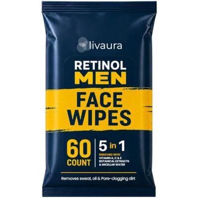 Retinol LIVAURA Men Facial Wipes Anti-Aging Cleansing Towelettes Quickly cleanse face from sweat, oil and pore-clogging dirt without any heavy residue (60 Count (Pack of 1)) Retinol LIVAURA Men Facial Wipes Anti-Aging Cleansing Towelettes Quickly cleanse face from sweat, oil and pore-clogging dirt without any heavy residue (60 Count (Pack of 1))