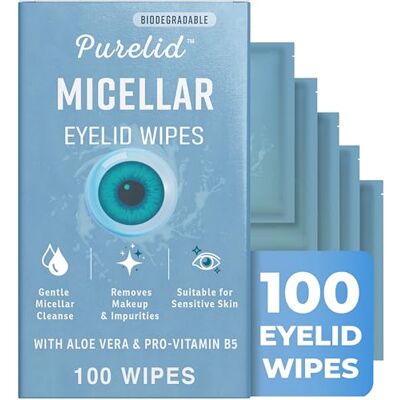 PURELID 100 Pcs Micellar Eyelid Wipes for Sensitive Eyes; Gentle Daily Cleanser With Aloe & Pro-Vitamin B5; Paraben-Free Micellar Water Daily Eyelid Hygiene Wipes; Daily Eye Wipes that Hydrate & Sooth PURELID 100 Pcs Micellar Eyelid Wipes for Sensitive Eyes; Gentle Daily Cleanser With Aloe & Pro-Vitamin B5; Paraben-Free Micellar Water Daily Eyelid Hygiene Wipes; Daily Eye Wipes that Hydrate & Sooth