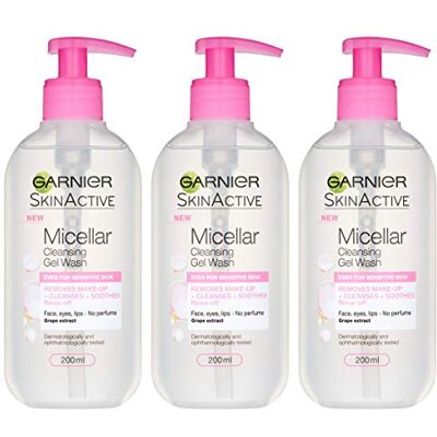 Garnier Micellar Gel Face Wash Sensitive Skin, Soothing Face and Eye Make-Up Remover and Cleanser 200 ml Pack of 3 Garnier Micellar Gel Face Wash Sensitive Skin, Soothing Face and Eye Make-Up Remover and Cleanser 200 ml Pack of 3