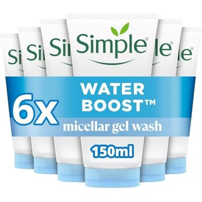 Simple Water Boost Micellar Gel Face Wash 100% Soap-Free Face Cleanser, deeply hydrates dry & sensitive skin for a revitalised & dewy complexion 6x 150 ml Simple Water Boost Micellar Gel Face Wash 100% Soap-Free Face Cleanser, deeply hydrates dry & sensitive skin for a revitalised & dewy complexion 6x 150 ml