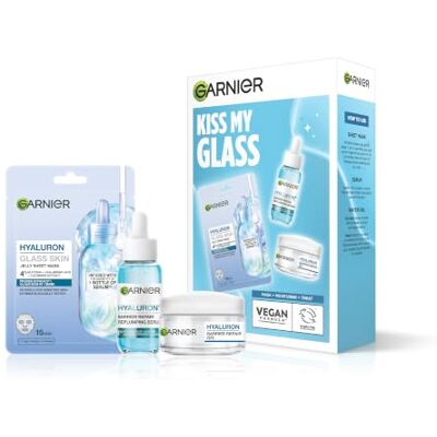 Garnier Glass Skin Gift Set, Hyaluronic Acid Skincare Trio 3 Pieces Essential Kiss My Glass Giftset for Plump,Dewy & Luminous Skin (Barrier Repair Gel, Replumping Serum & Jelly Sheet Mask Garnier Glass Skin Gift Set, Hyaluronic Acid Skincare Trio 3 Pieces Essential Kiss My Glass Giftset for Plump,Dewy & Luminous Skin (Barrier Repair Gel, Replumping Serum & Jelly Sheet Mask