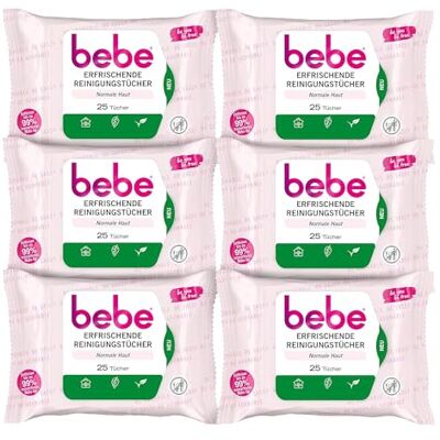 Bebe Refreshing Cleansing Wipes (6 x 25 Wipes), Mild Make-Up Wipes with Rose Water, Makeup Remover Made of Fibres, 100% Vegetable Origin, Face Cleansing for Normal Skin, Vegan Bebe Refreshing Cleansing Wipes (6 x 25 Wipes), Mild Make-Up Wipes with Rose Water, Makeup Remover Made of Fibres, 100% Vegetable Origin, Face Cleansing for Normal Skin, Vegan