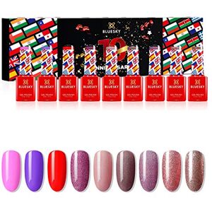 BLUESKY Gel Nail Polish Set, 10 Year Anniversary Full Collection. 9 x 5ml. Pink, Purple, Red, Mauve, Nude, Pastel, Fine Glitter (Requires curing under UV/LED Lamp) BLUESKY Gel Nail Polish Set, 10 Year Anniversary Full Collection. 9 x 5ml. Pink, Purple, Red, Mauve, Nude, Pastel, Fine Glitter (Requires curing under UV/LED Lamp)