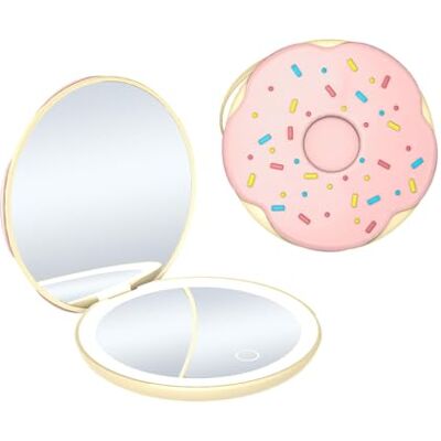 Qumox LED Compact Makeup Mirror, Donut Shape Pocket Mirror, Pink Cute Donut-Inspired Design Designed in a fun donut shape with a soft pastel finish. Qumox LED Compact Makeup Mirror, Donut Shape Pocket Mirror, Pink Cute Donut-Inspired Design Designed in a fun donut shape with a soft pastel finish.