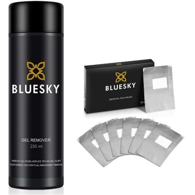 BLUESKY Gel Polish Removal Kit. Acetone Gel Polish Remover 250ml + Foil Removal Wraps x 50, with Safflower Oil To Nourish Nails, Soak Off UV/LED Gel Polish in Minutes BLUESKY Gel Polish Removal Kit. Acetone Gel Polish Remover 250ml + Foil Removal Wraps x 50, with Safflower Oil To Nourish Nails, Soak Off UV/LED Gel Polish in Minutes