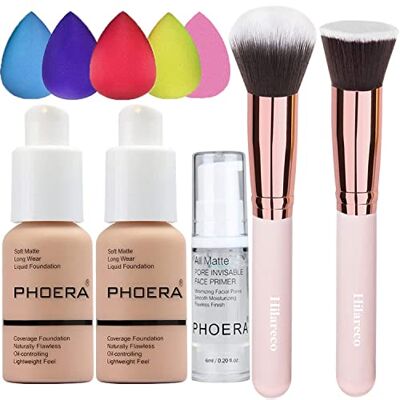 Hilareco Foundation Warm Peach 103 & Face Primer, Full Coverage Foundation Set, Foundation Brush Powder Brush,5 Makeup Sponge,Flawless 30ml Natural Matte Oil Control (103 Warm Peach) Hilareco Foundation Warm Peach 103 & Face Primer, Full Coverage Foundation Set, Foundation Brush Powder Brush,5 Makeup Sponge,Flawless 30ml Natural Matte Oil Control (103 Warm Peach)