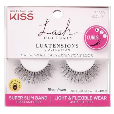 Kiss Lash Couture LuXtensions Collection 1 Pair of Fake Lashes, Black Swan, Light and Flexible Faux-Mink Eyelash with Super Slim Band includes Lash Glue Kiss Lash Couture LuXtensions Collection 1 Pair of Fake Lashes, Black Swan, Light and Flexible Faux-Mink Eyelash with Super Slim Band includes Lash Glue