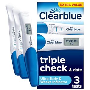 Clearblue Pregnancy Test Ultra Early Triple-Check & Date Combo Pack, Results 6 Days (Visual Sticks) Tells You How Many Weeks (Digital Stick), Kit Of 3 Tests (1 Digital, 2 Visual), Packaging May Vary Clearblue Pregnancy Test Ultra Early Triple-Check & Date Combo Pack, Results 6 Days (Visual Sticks) Tells You How Many Weeks (Digital Stick), Kit Of 3 Tests (1 Digital, 2 Visual), Packaging May Vary