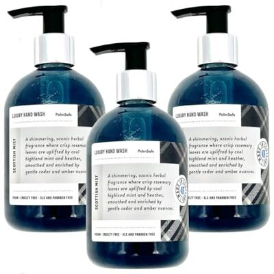 Palm Scottish Mist 300ml x 3 Luxury Hand Wash Soothing Hand Cleanser Hydrates Sensitive or Irritated Skin 300ml Pump Bottle with Natural Bioactives to Nourish and Moisturise Vegan-friendly Palm Scottish Mist 300ml x 3 Luxury Hand Wash Soothing Hand Cleanser Hydrates Sensitive or Irritated Skin 300ml Pump Bottle with Natural Bioactives to Nourish and Moisturise Vegan-friendly